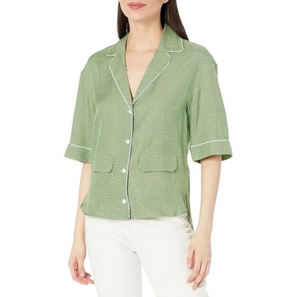 Equipment Leon Button Up Short Sleeve Blouse Silk Blend Green Geometric Medium